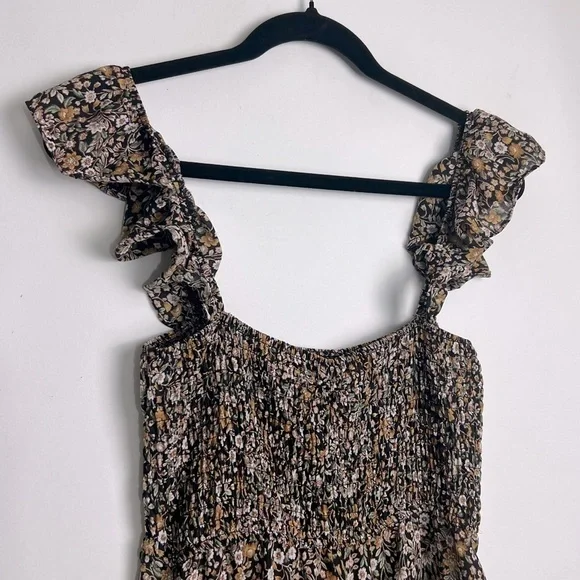 Francesca's Brielle Brown Gold Floral Smocked Ruffle Sleeves Jumpsuit Sz Small - Picture 4 of 9